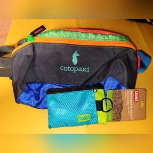 Cotopaxi fanny pack and Chums wallet